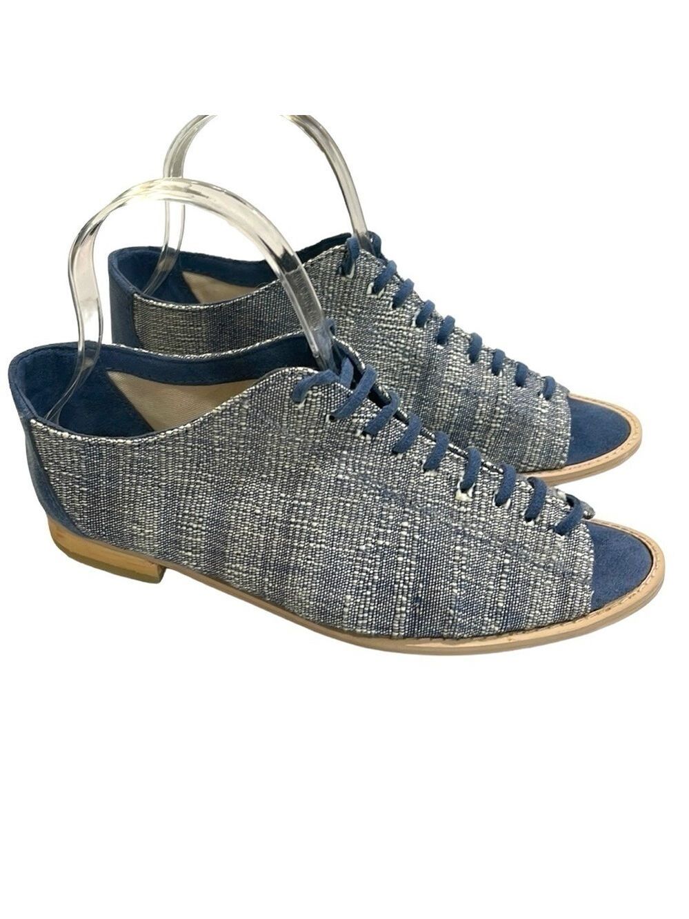 Bhava 100% Vegan Lace Up Peep Toe Flats Blue Cream SZ 7
